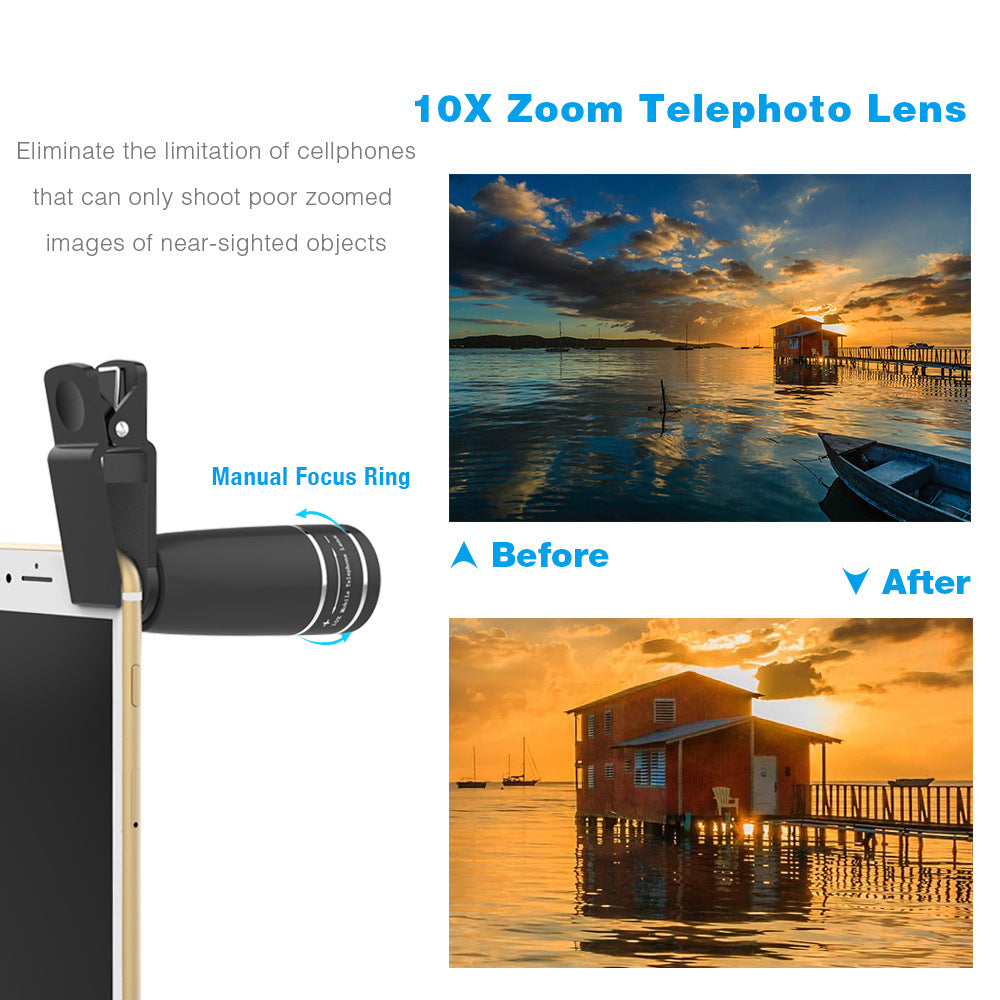 10X Zoom Telephoto Lens with before and after images of a sunset over a houseboat.