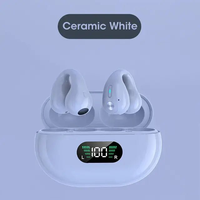 Ambie Sound TWS Ear Bone Conduction Bluetooth Earbuds in Ceramic White with charging case.