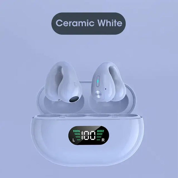 Ambie Sound TWS Ear Bone Conduction Bluetooth Earbuds in Ceramic White with charging case.