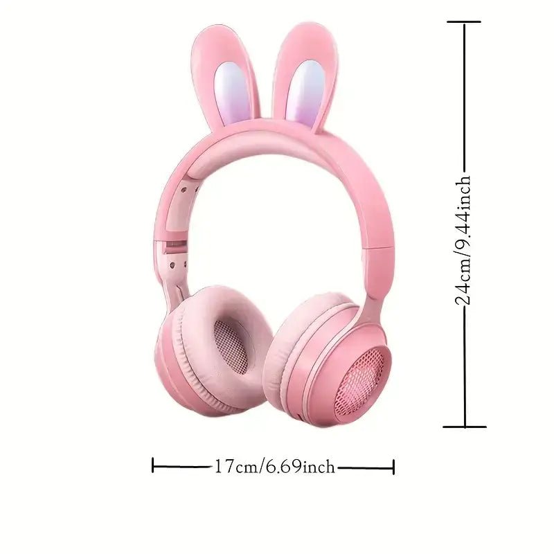 Charming Bunny Ear Headphones with cute rabbit ears and soft pink design for kids, featuring wireless Bluetooth connectivity.