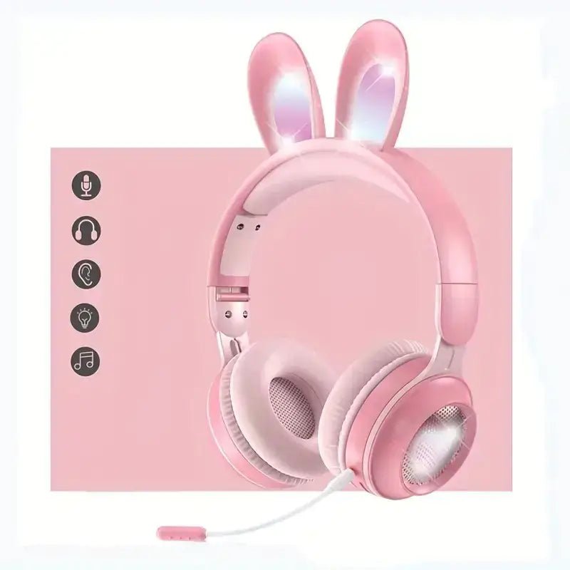 Charming Bunny Ear Headphones with pink design and cute rabbit ears, perfect for kids' immersive listening experience.