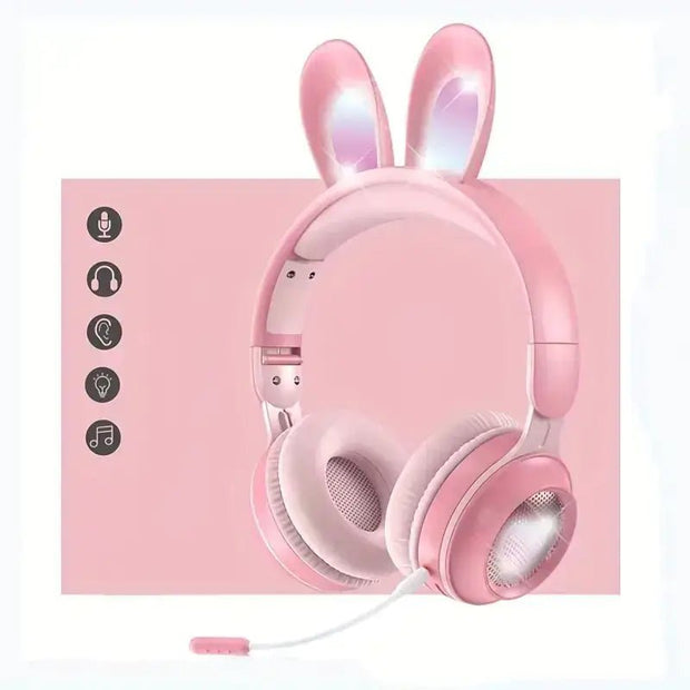 Charming Bunny Ear Headphones with pink design and cute rabbit ears, perfect for kids' immersive listening experience.