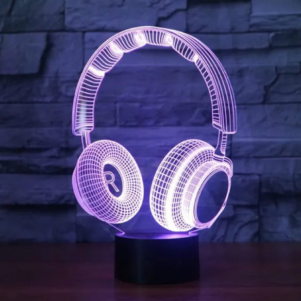 Colour-Changing LED Light shaped like headphones with vibrant purple glow and modern design.