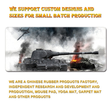 OLGO Oversized Gaming Mouse Pad featuring custom designs with tanks and battle scene.