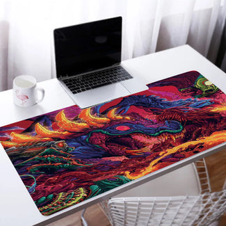 Custom Large Gaming Mouse Pad featuring vibrant artwork on a desk with a laptop and mug.