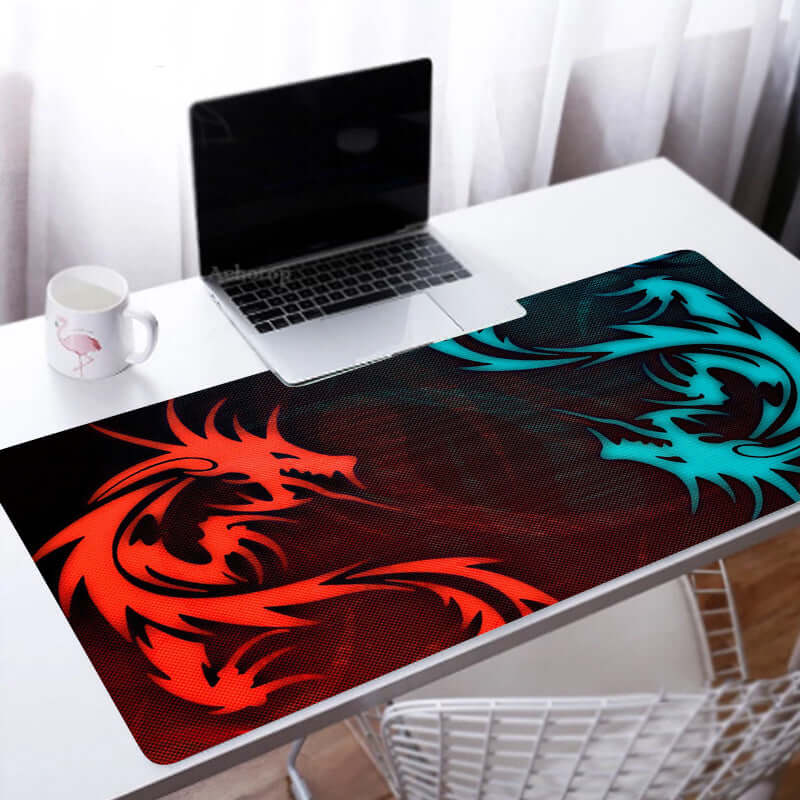 Custom Large Gaming Mouse Pad featuring a vibrant dragon design on a sleek desk setup.