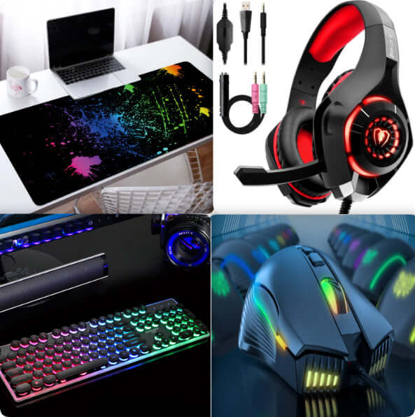 Custom Large Gaming Mouse Pad with colorful design and gaming accessories including headset and keyboard.