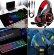 Custom Large Gaming Mouse Pad with colorful design and gaming accessories including headset and keyboard.
