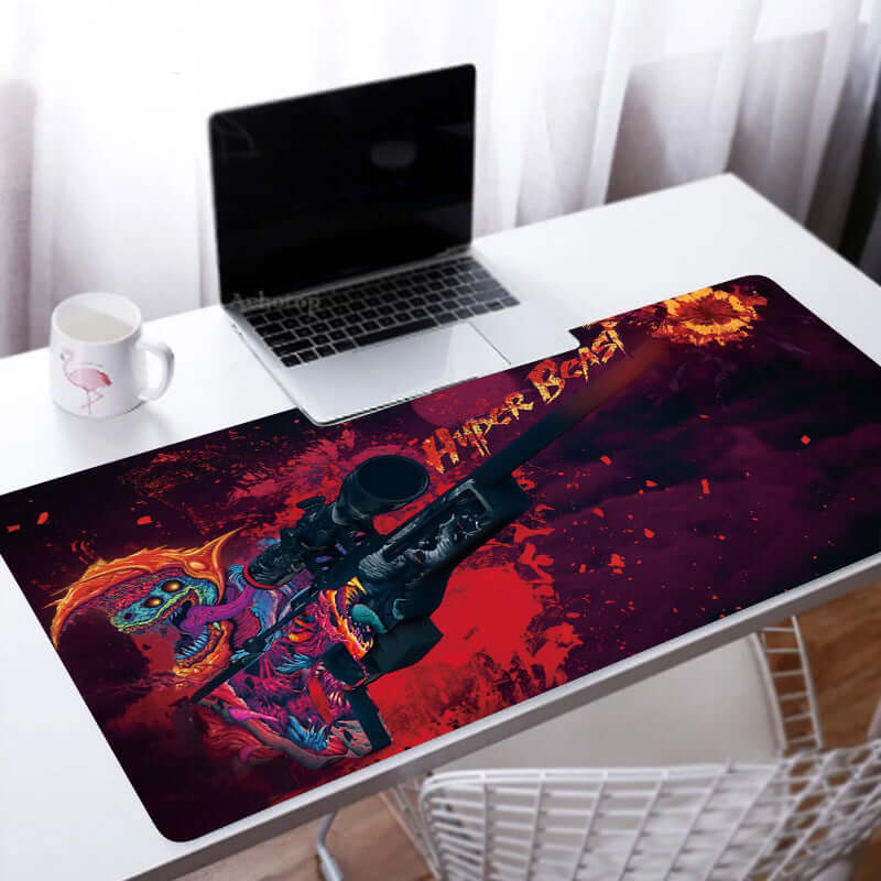 Custom Large Gaming Mouse Pad featuring vibrant artwork of a sniper rifle and colorful zombie design.