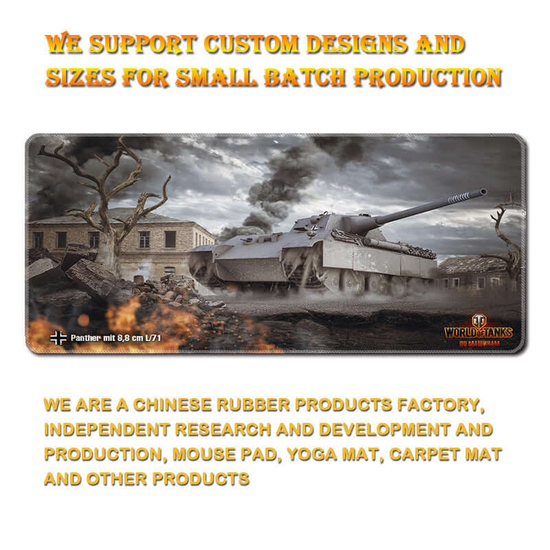 OLGO Oversized Gaming Mouse Pad with custom designs for small batch production featuring a tank and battlefield scene.