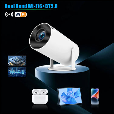 Portable HY300 Pro Projector showcasing dual band Wi-Fi 6 and Bluetooth 5.0 features with modern gadgets.