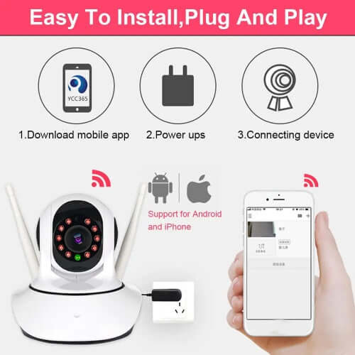 Home WIFI camera installation guide showing setup steps for mobile app and device connectivity.