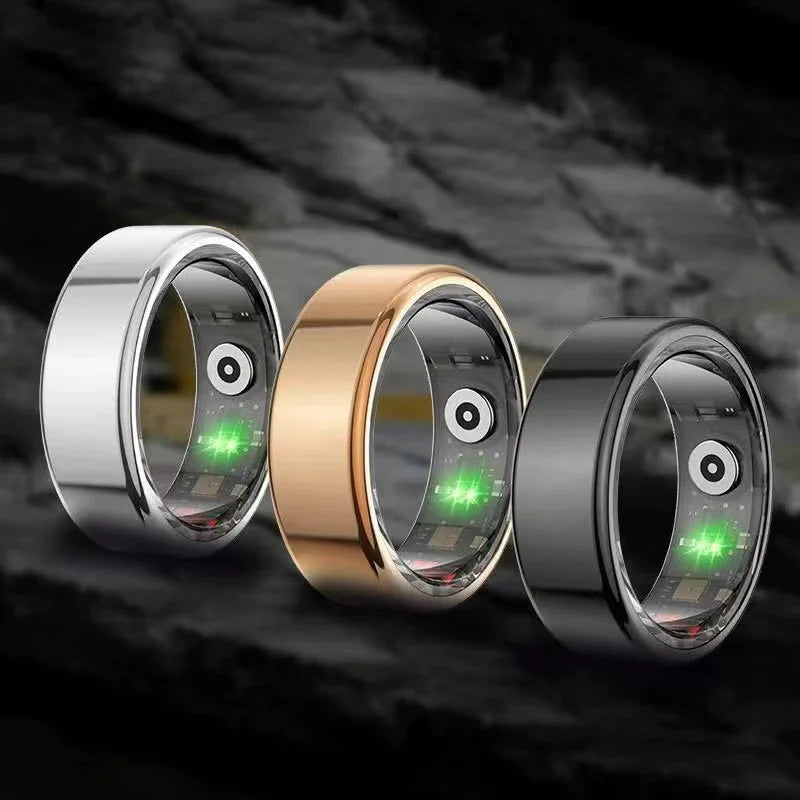 EmpowerMe Health Ring in silver, gold, and black showcasing health monitoring technology with style.