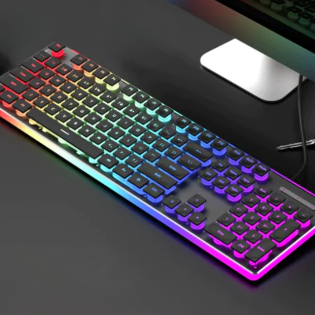 Ergonomic Mechanical Keyboard with RGB Backlight showcasing vibrant colors and sleek design.