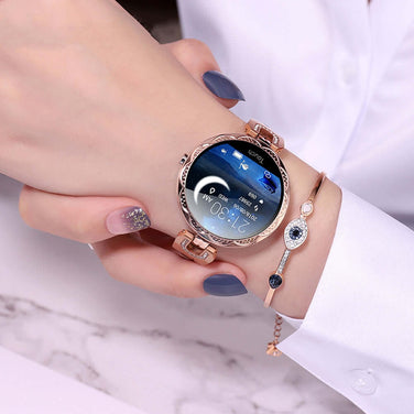 Fashionable Women's Smart Watch on a woman's wrist showcasing elegant design and HD display.
