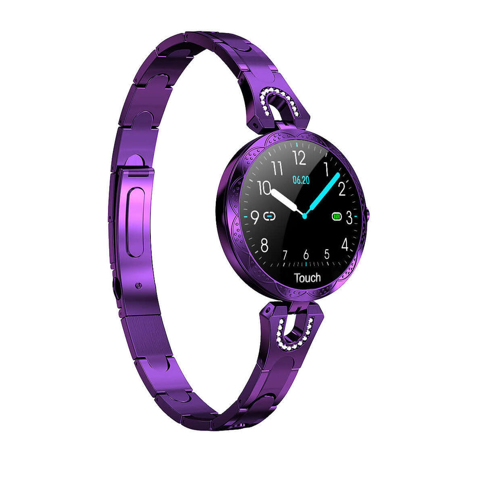 Fashionable Women's Smart Watch in elegant purple design with HD LCD display and stylish bracelet.