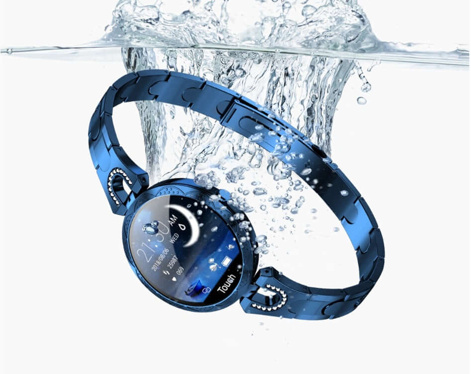Fashionable Women's Smart Watch submerged in water, showcasing its stylish design and health tracking features.
