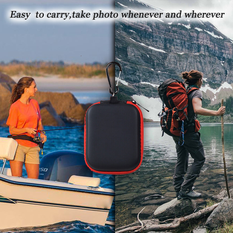 Collage showing a person with a photo case by a lake and another person hiking with a photo case.