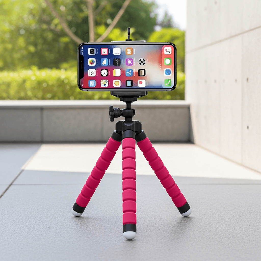 Flexi-Grip Phone Tripod with pink flexible legs, ideal for capturing photos and videos at various angles.