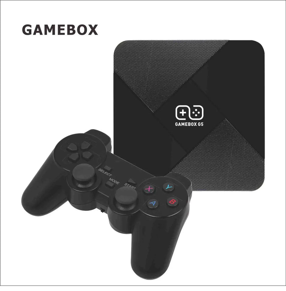 G5 Game Console with Dual System Wireless Controller and game controller in black.