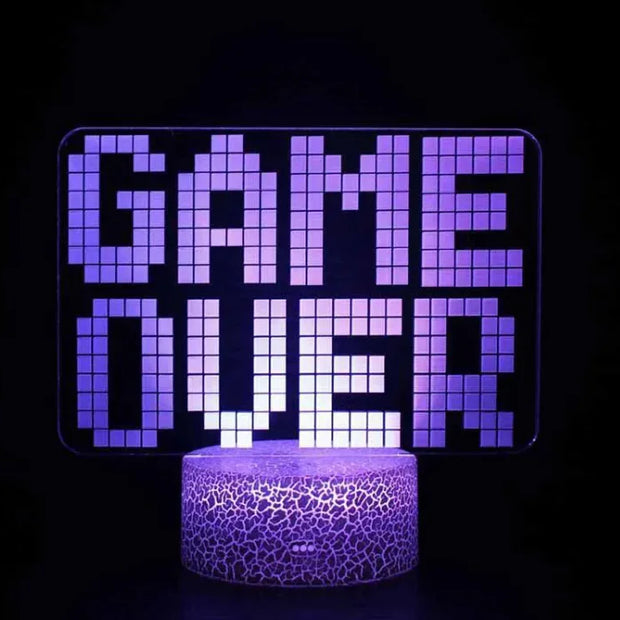 Colour-Changing LED Lightwith purple GAME OVER display on a stylish base, perfect for gaming decor.