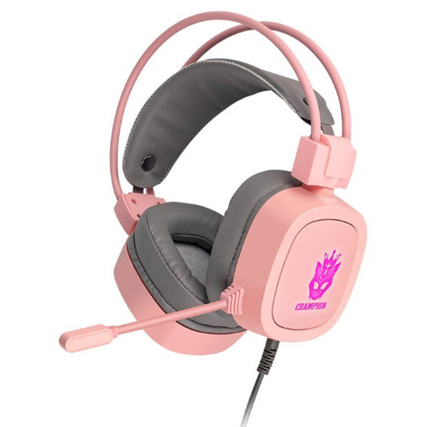 Gaming Headset With Microphone in pink design featuring cushioned ear cups and adjustable microphone for gamers.