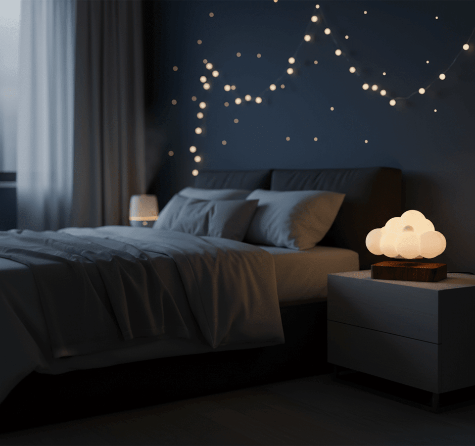 Cozy bedroom featuring a Glowing Cloud Light on a bedside table, creating a dreamy atmosphere with soft illumination.