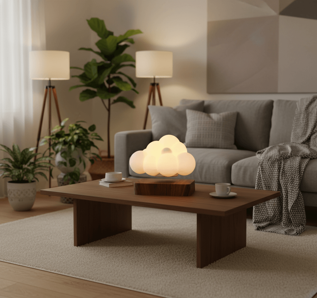 Glowing Cloud Light illuminating a cozy living room with a wooden table and plants.
