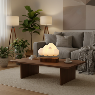 Glowing Cloud Light illuminating a cozy living room with a wooden table and plants.