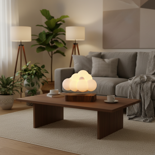 Glowing Cloud Light illuminating a cozy living room with a wooden table and plants.