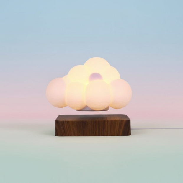 Glowing Cloud Light on a wooden base with a soft, dreamy glow against a pastel background.