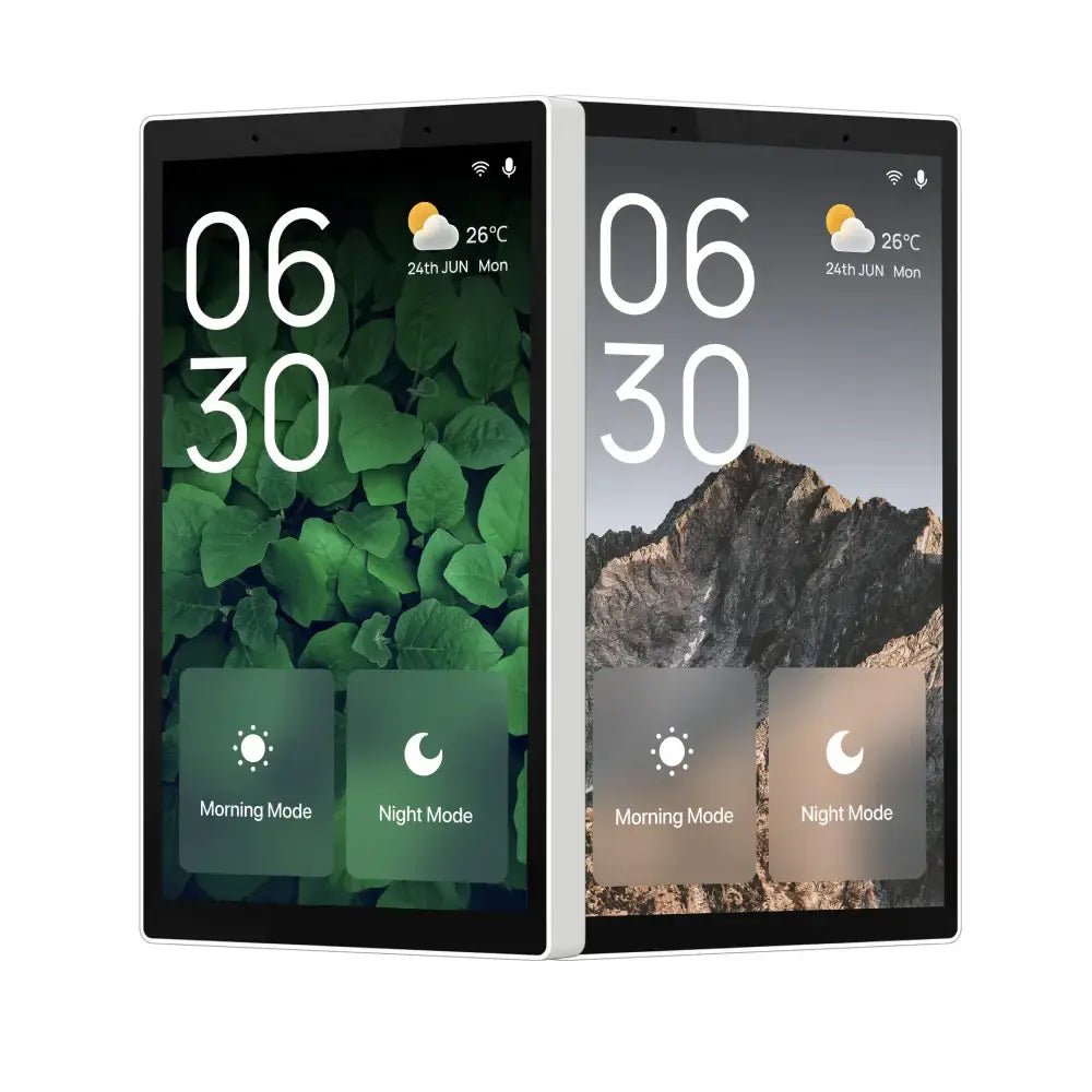 Graffiti Home Hub displaying morning and night mode options with dual screens showcasing modern design.