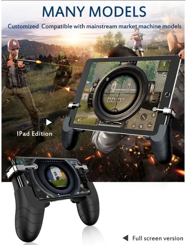 H7 Gaming Controller Grip for Shooting Games displayed with iPad Edition and gaming scene background.
