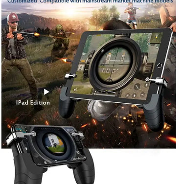 H7 Gaming Controller Grip for Shooting Games displayed with iPad Edition and gaming scene background.