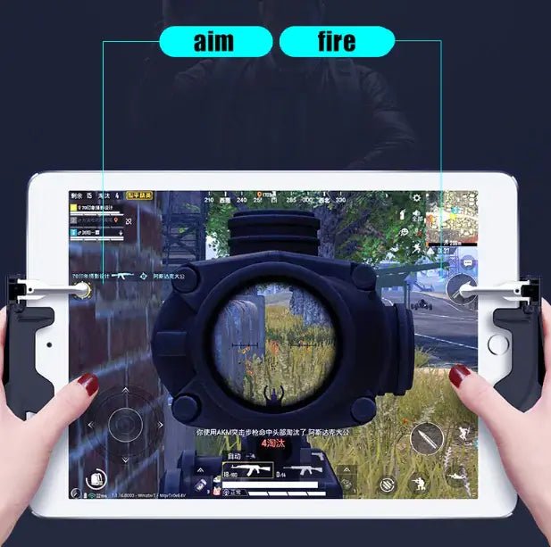 H7 Gaming Controller Grip for Shooting Games in use, providing aim and fire controls on a mobile game screen.