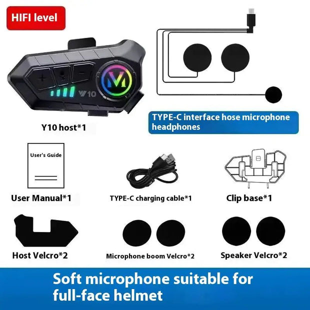 Helmet Bluetooth Headset with microphone and accessories for seamless riding communication.