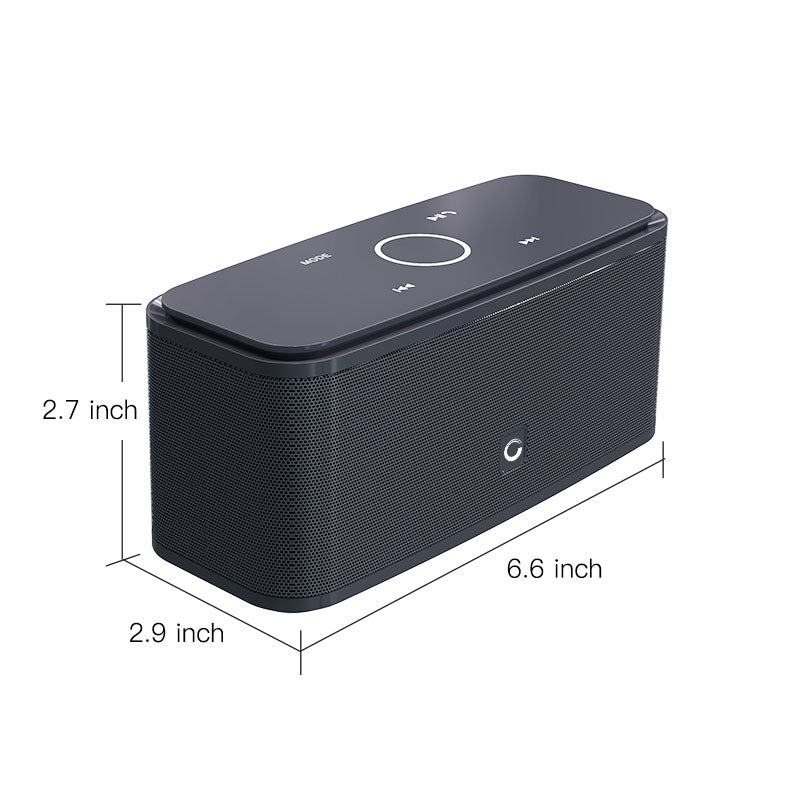 Home Touch Button Portable Bluetooth Speaker dimensions shown with sleek design and touch controls.