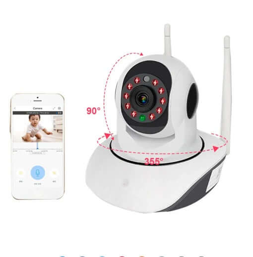 Smart Indoor Home WiFi Camera with 90° and 355° rotation, paired with a smartphone for real-time monitoring.