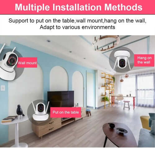 Home WIFI camera with multiple installation methods: wall mount, table mount, and hanging options for versatile environments.