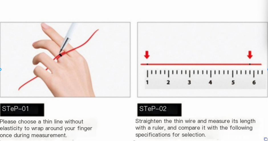 Instructions for measuring finger size with a thin line and ruler, depicting step-by-step process.
