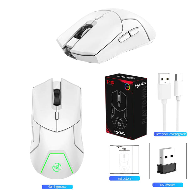 HXSJ 2.4G Wireless Game Mouse in white, includes USB receiver and charging cable.