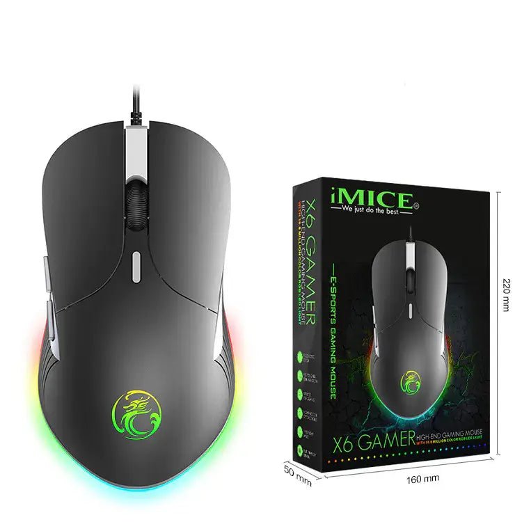 IMICE X6 Wired RGB Gaming Mouse with sleek design and RGB lighting next to its packaging.