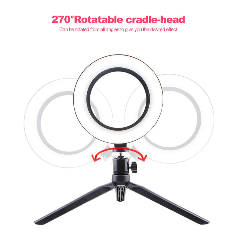 LED Ring Light with a 270° rotatable cradle-head for adjustable lighting angles.