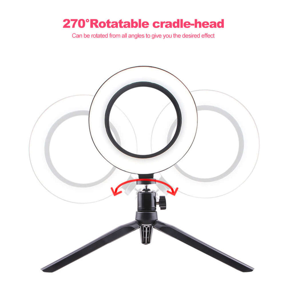 LED Ring Light with a 270° rotatable cradle-head for adjustable lighting angles.