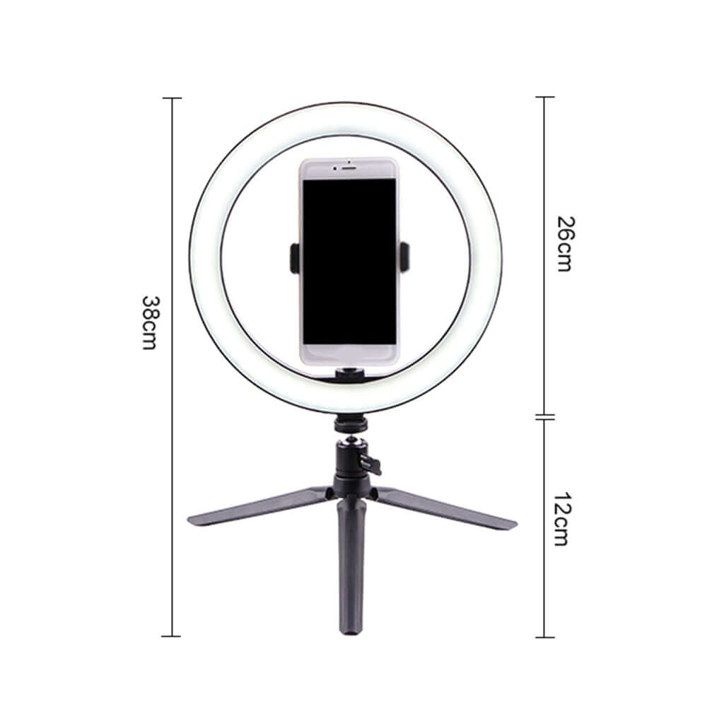 LED Ring Light with smartphone holder on a tripod for enhanced photography and video streaming.