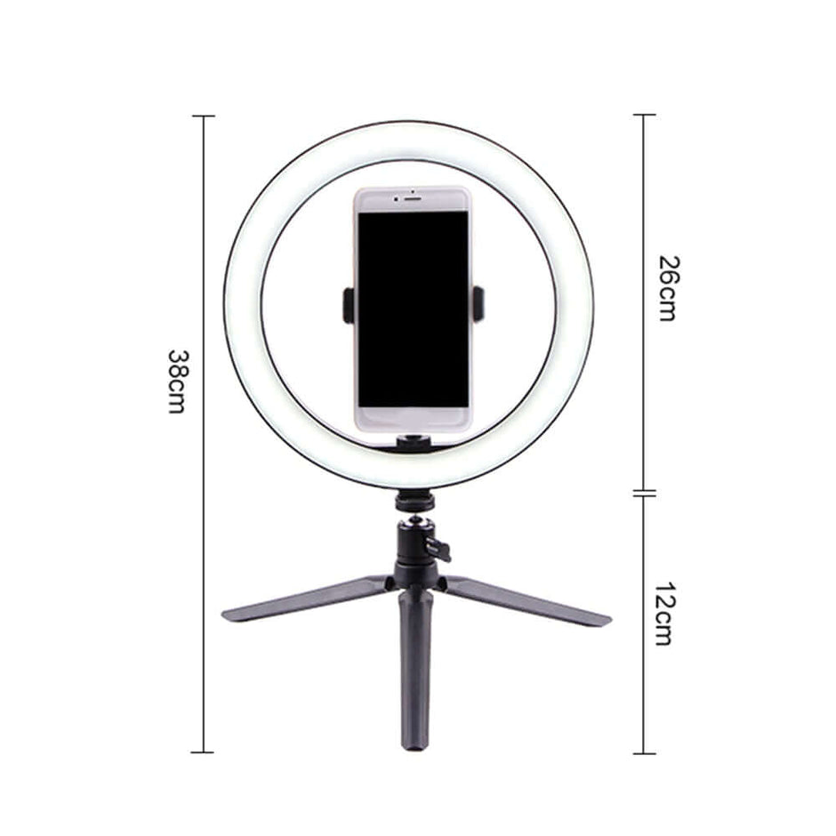 LED Ring Light with smartphone holder on a tripod for enhanced photography and video streaming.