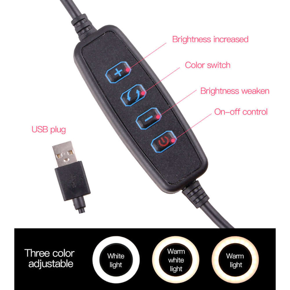 LED Ring Light remote control features: brightness adjustment, color switch, USB plug for easy setup.
