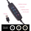 LED Ring Light remote control features: brightness adjustment, color switch, USB plug for easy setup.