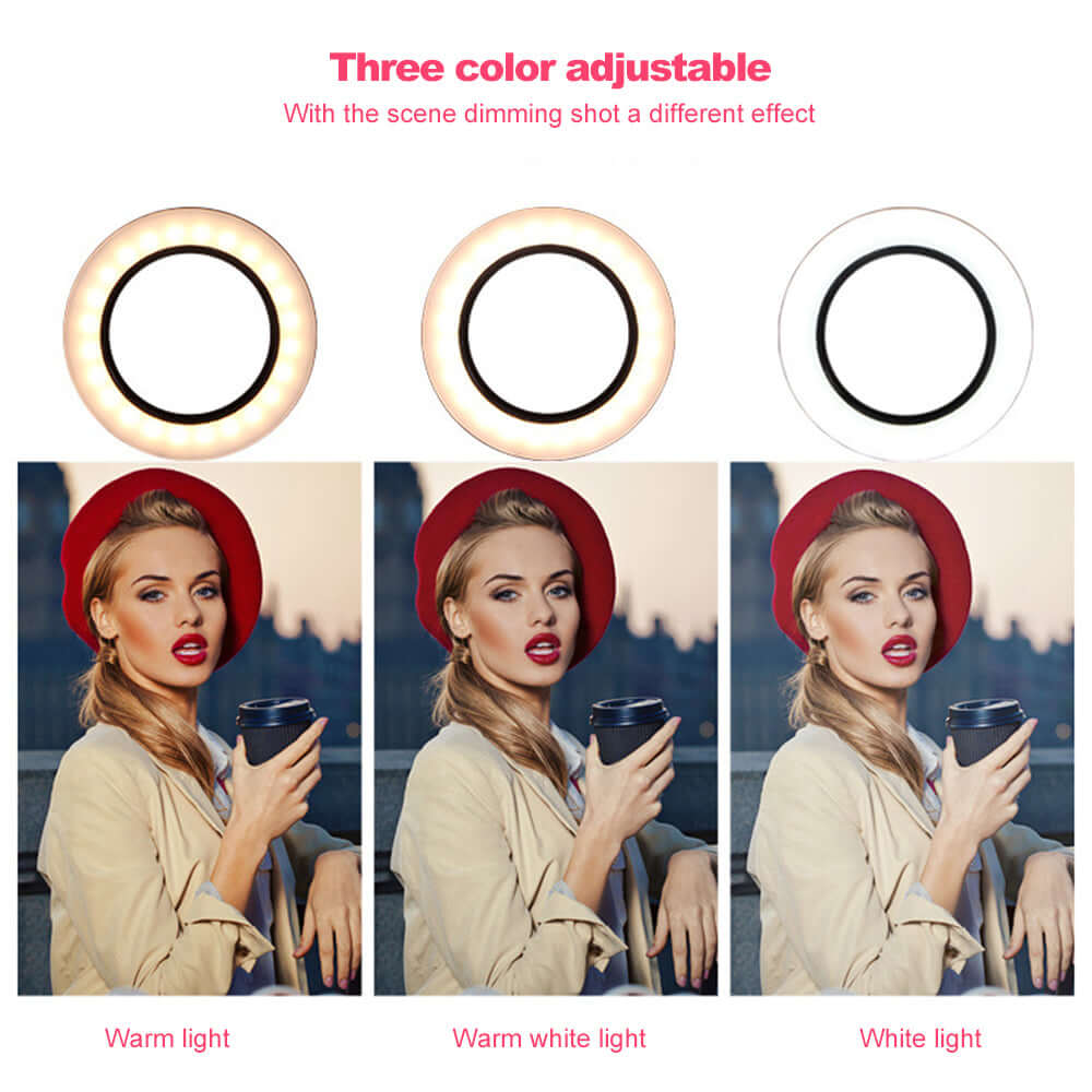LED Ring Light showcasing three color adjustable settings: warm light, warm white light, and white light.
