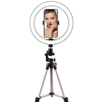 LED Ring Light with smartphone holder for enhanced lighting in photography and video calls.